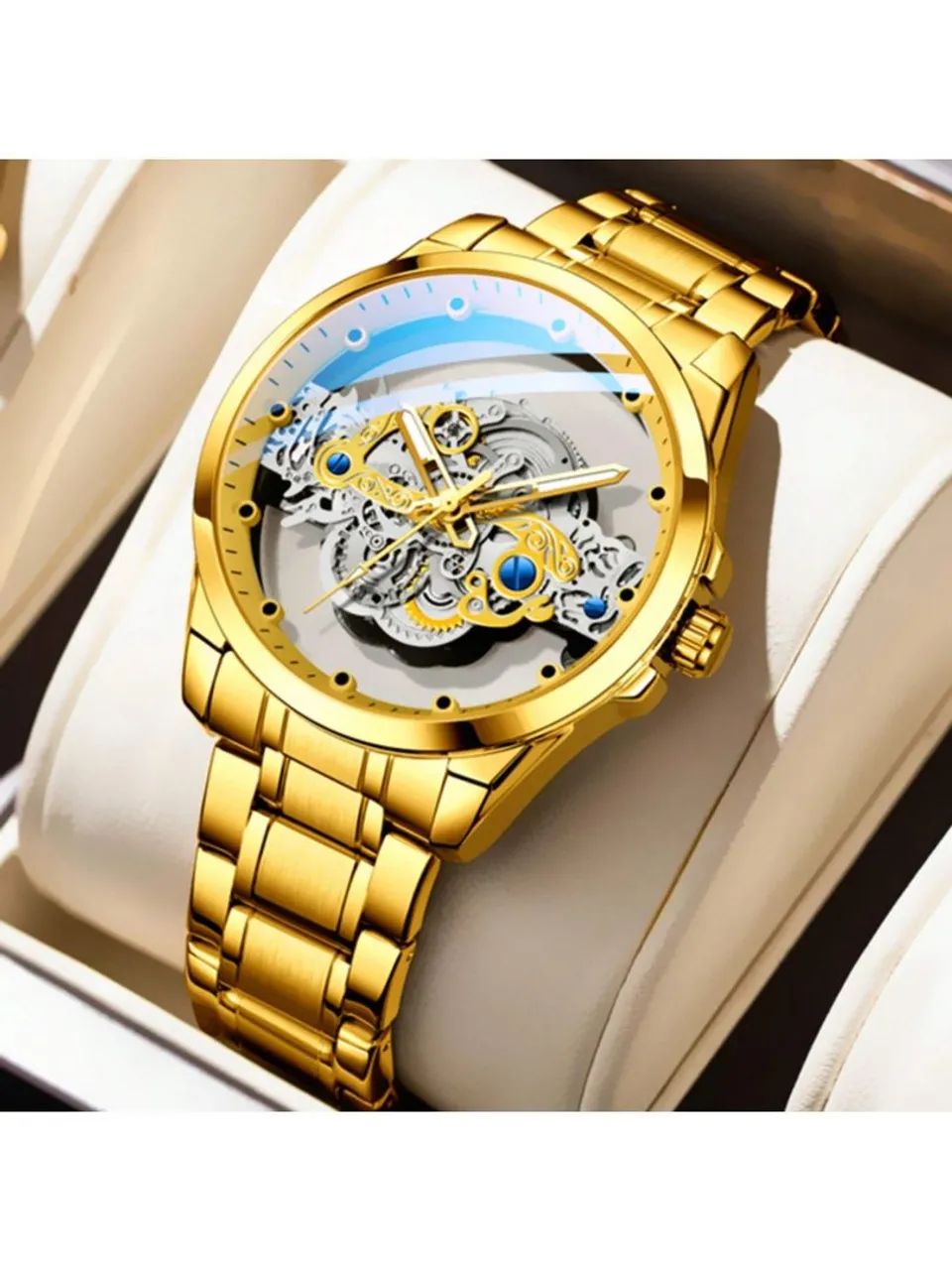 Relógio Masculino de Pulso Dourado com Design Mecânico