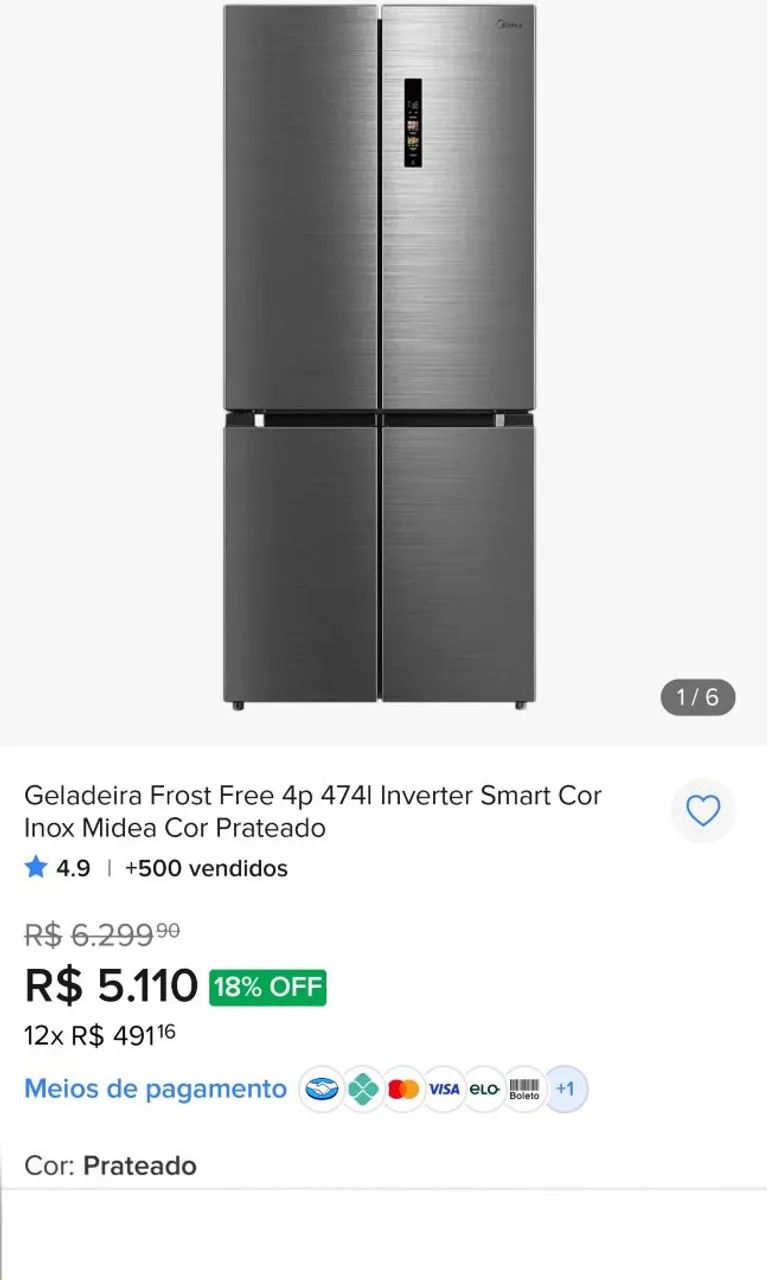 Geladeira Frost Free 4p 474l Inverter Smart Cor Inox Midea Cor