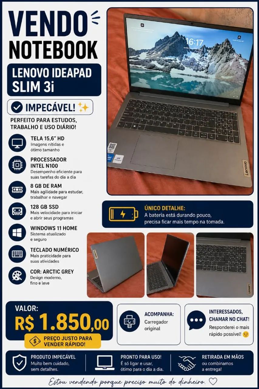 ? VENDO NOTEBOOK LENOVO IDEAPAD SLIM 3i - R$ 1.850