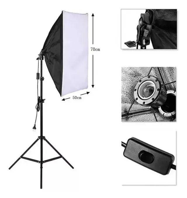 Kit Luz Softbox 50x70 Cm Contínua + Tripé 2m E27 Estúdio