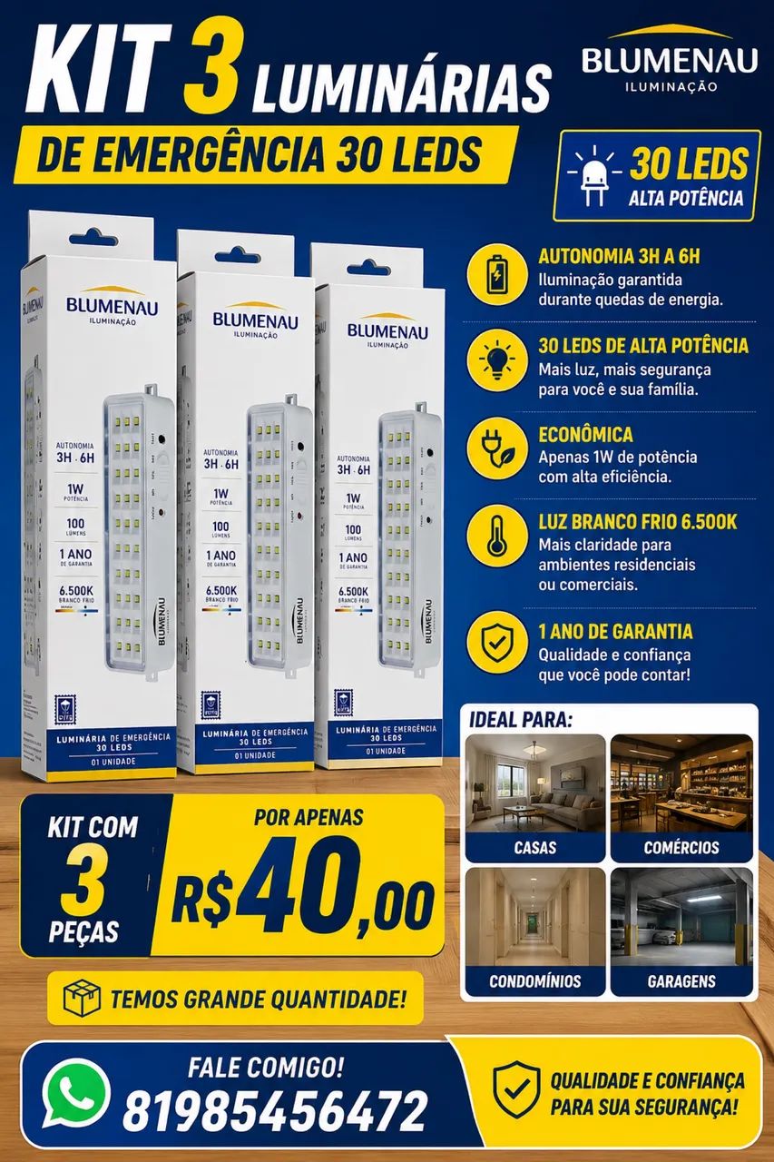 Luminária de emergência 30 leds 
