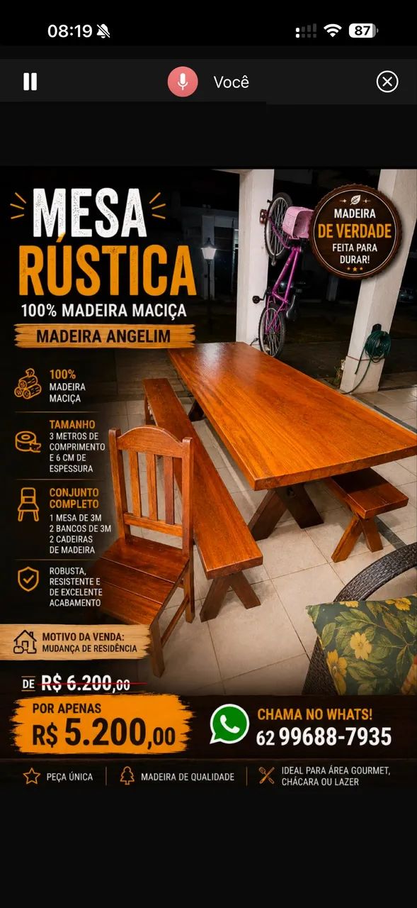 Mesa Rústica 3 Metros em Madeira Maciça Angelim