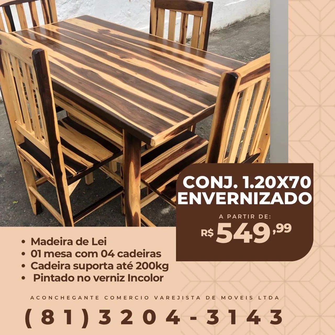 Mesa 1,20x70 com 4 Cadeiras em Madeira 