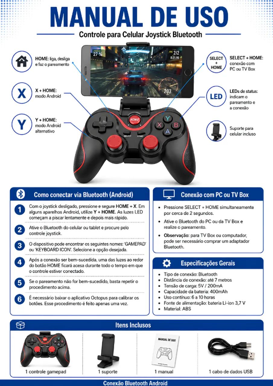 CONTROLE BLUETOOTH GAMEPAD PARA CELULAR E PC COM SUPORTE - Foto 4