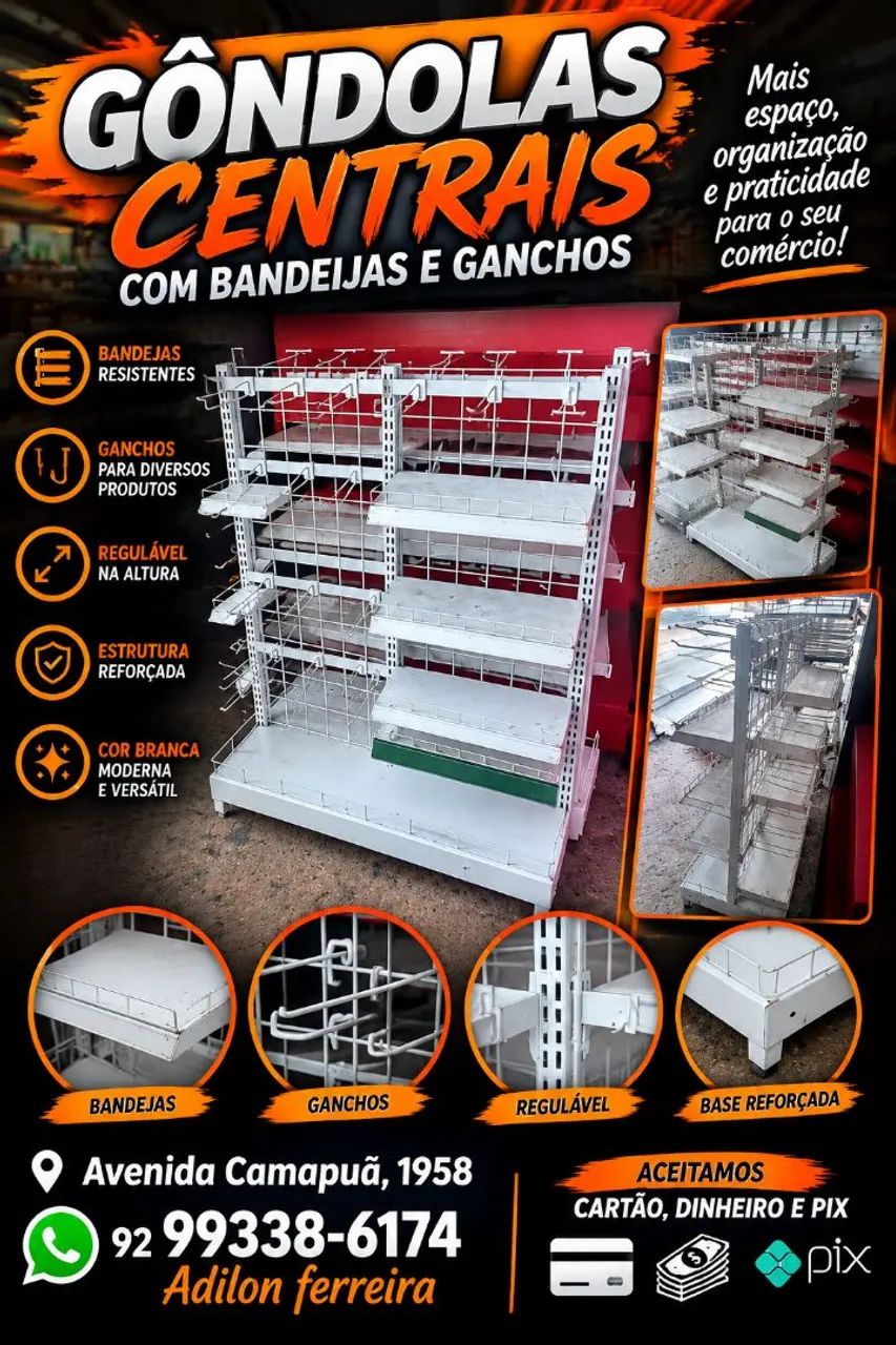 Gôndolas centrais com ganchos e bandeijas
