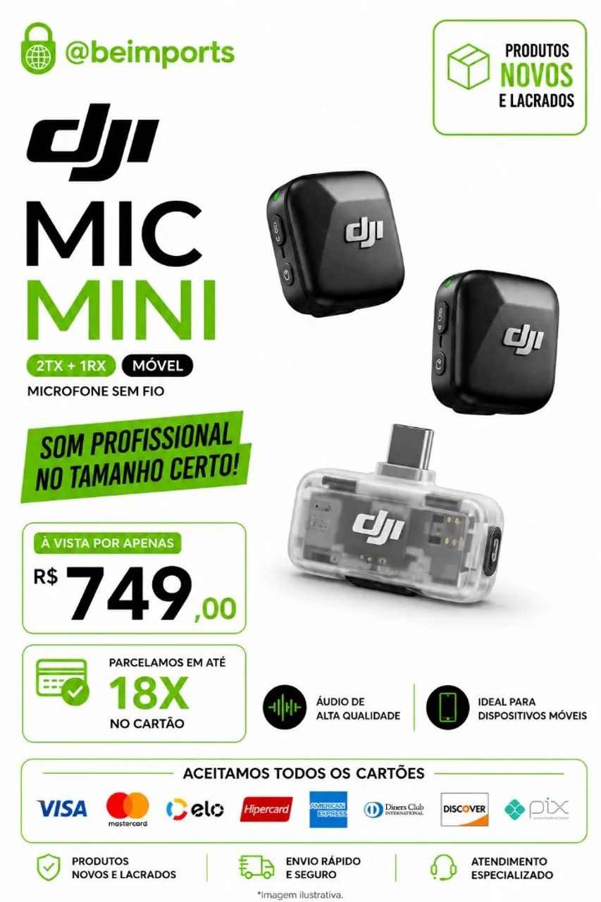 Microfone Dji 2TX + 1RX MOVEL ( Novos) Em até 18X 