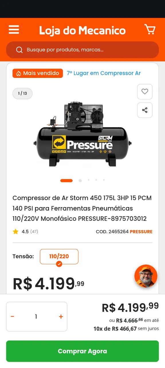 Compressor ar STORM 175 litros 