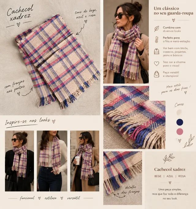 Cachecol xadrez bege, azul e rosa com franjas - Foto 4