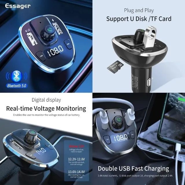Carregador Turbo Essager F01 Bluetooth integrado, Modulador de FM, Transmissor para carros