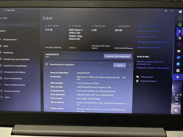 Notebook Lenovo Ryzen 5 3500U 12GB NVME 250GB Vega 8 - Rápido e