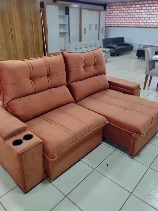sofá retrátil reclinável com porta copos conjugado[terracota]