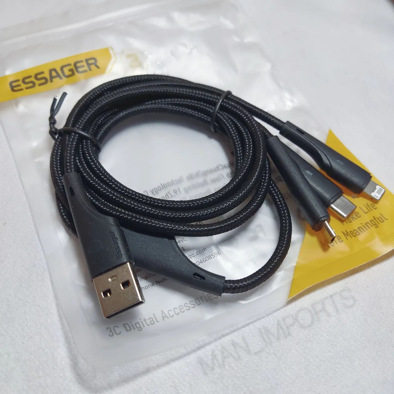 Cabo de Carregamento ESSAGER 3 in 1 - 3A (Micro USB, USB Tipo C e Ligthning)  - Foto 4
