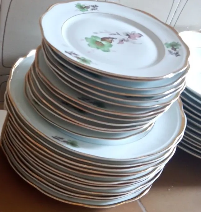 Jogo de porcelana steatita 42 peças com detalhes dourados vintage.
