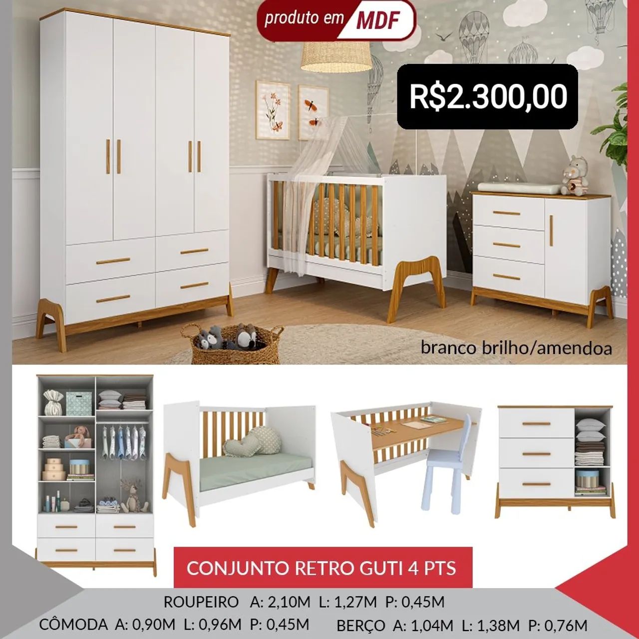 Conjunto Retro Guti 4 Peças - Guarda Roupa, Cômoda e Berço