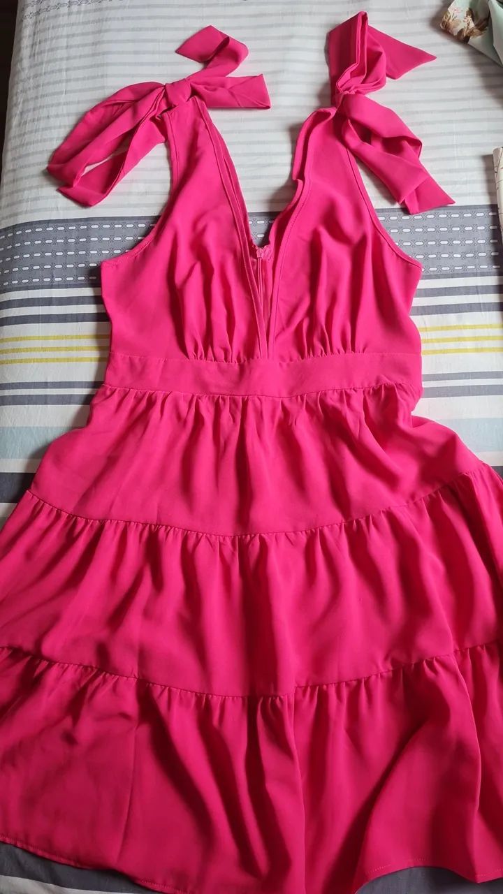 Vestido Rosa Decote V com Amarrações - Foto 3