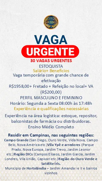 Estoquista - 30 Vagas Urgentes