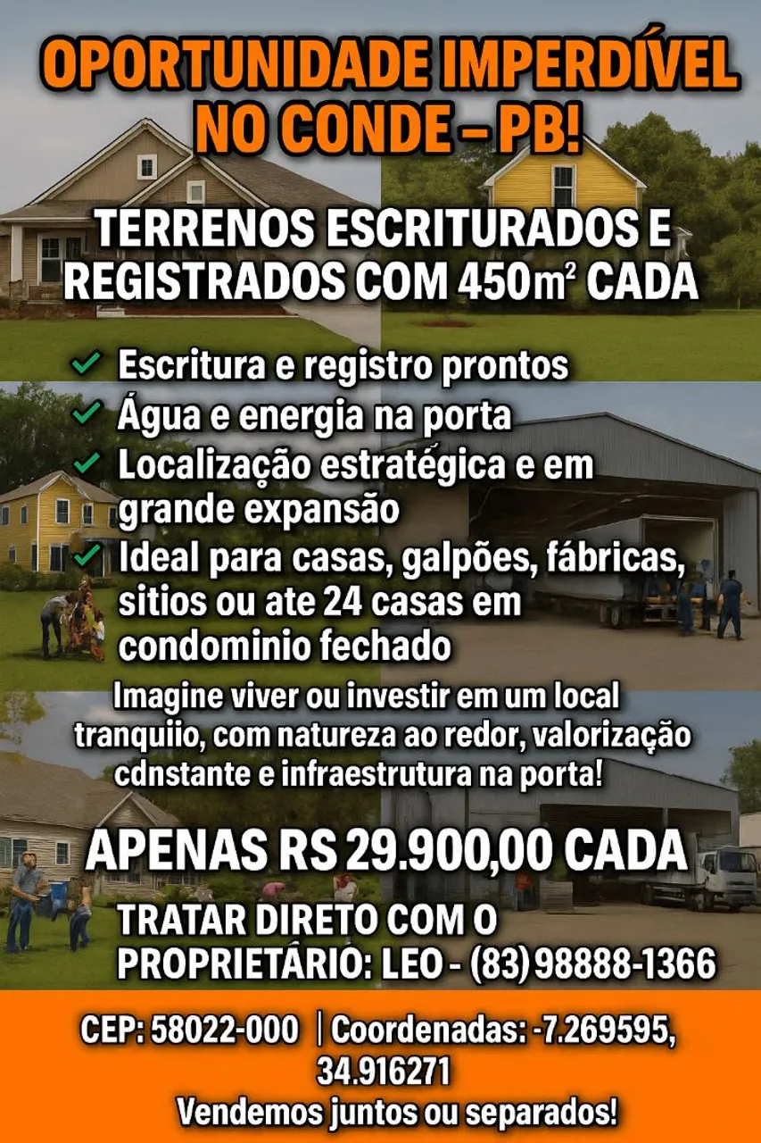 Ótima Oportunidade de Investimento: Terrenos em Conde-PB - Valorização Garantida!