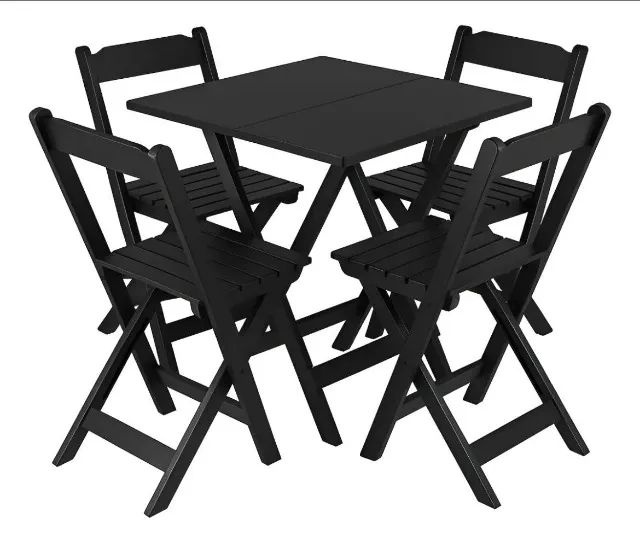 Mesa Quadrada com 4 Cadeiras Dobráveis (Preto Fosco)