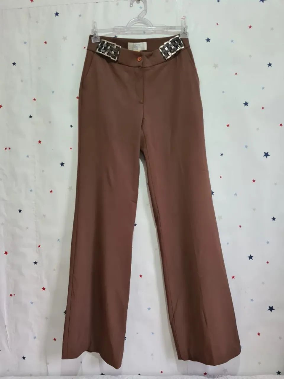 Calça Social practory tam 38/40 Marrom com Cinto Decorado