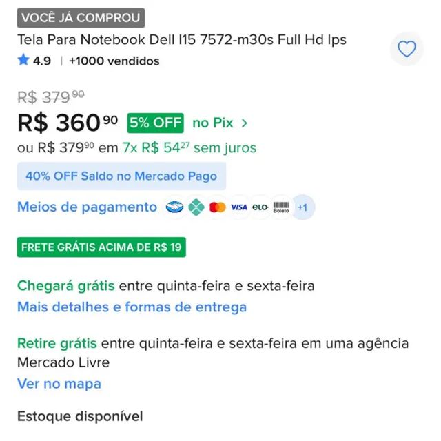 Tela Para Notebook Dell l15 7572-m30s / Novo do ML - Foto 3