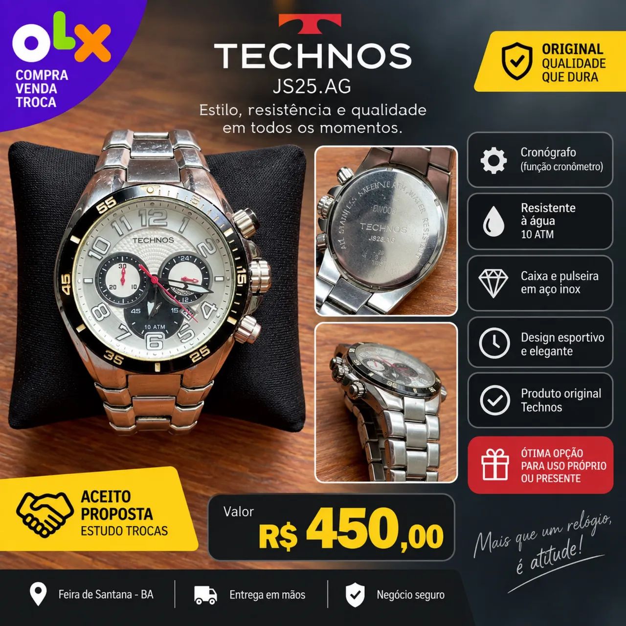 Relógio Technos Cronógrafo 10 ATM - Aço Inox