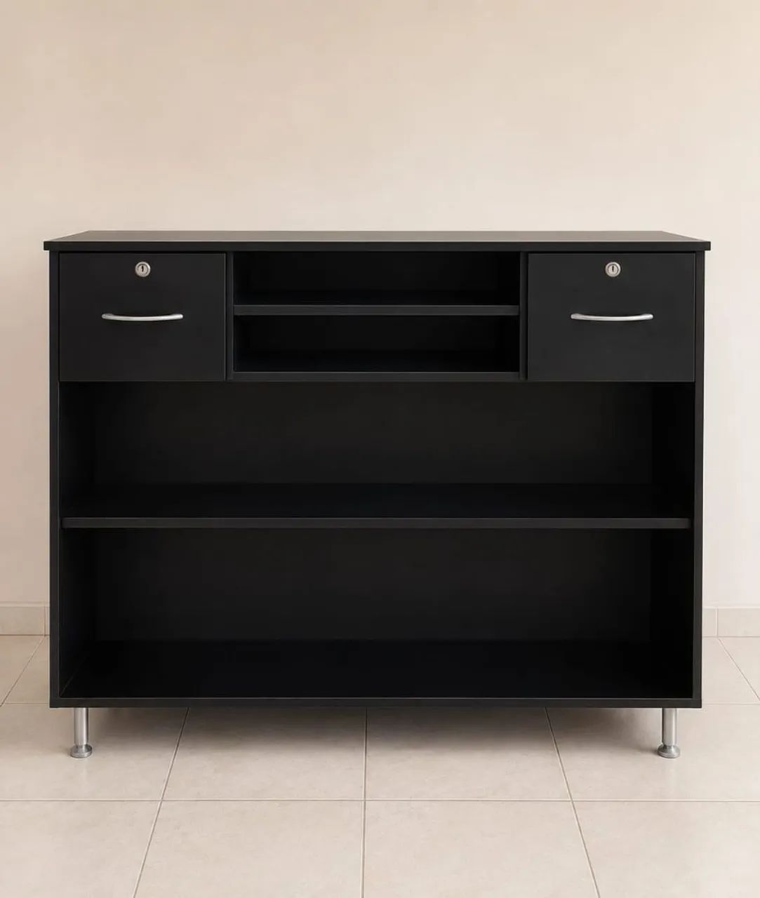 Balcão Recepção Preto com Gavetas e Nichos