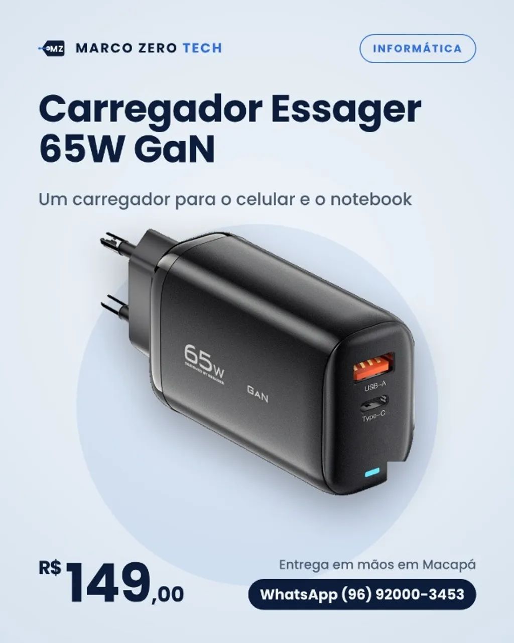 Carregador Essager 65W GaN USB-C e USB