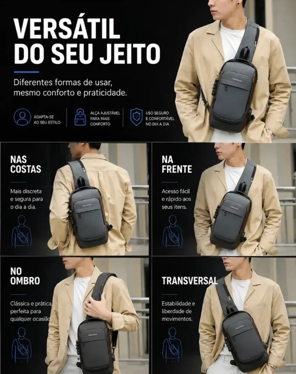 Mochila Transversal Antifurto Impermeável  - Foto 3