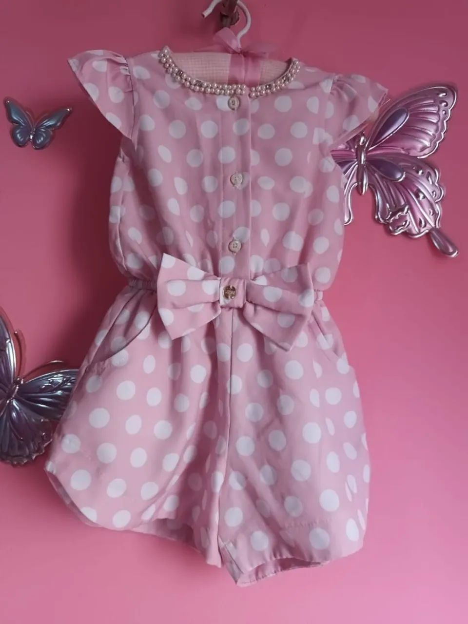 Macacão Infantil luxo rosa poá Jacris 1 ano