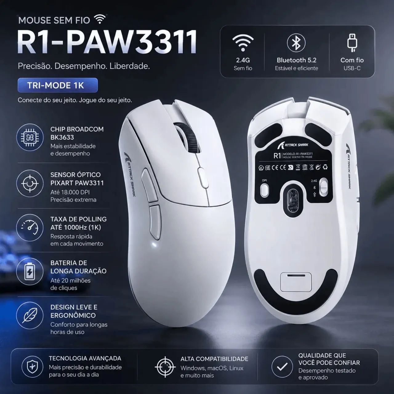 Attack Shark R1 Branco Wireless Tri-Mode (LACRADO) - Foto 3