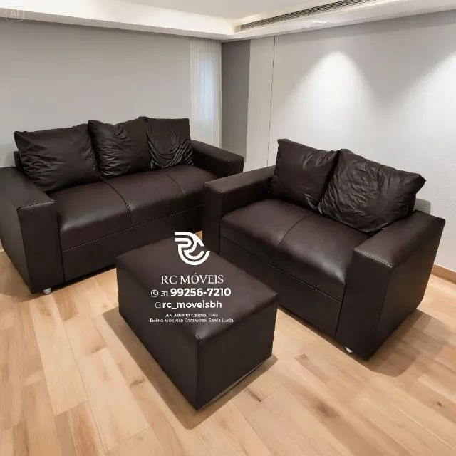 Conjunto Sofá 3 e 2 Lugares Puff Courino Preto D33 Durável - Foto 5