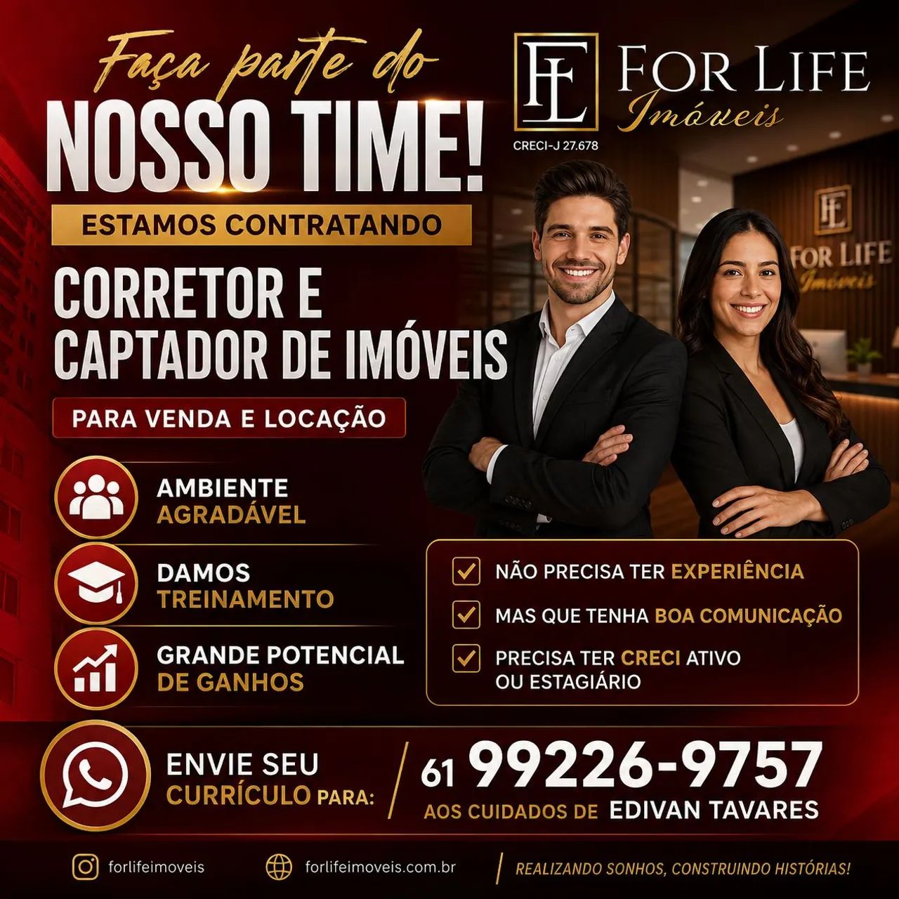 Contra-se corretor e captador de imóveis para venda e locação
