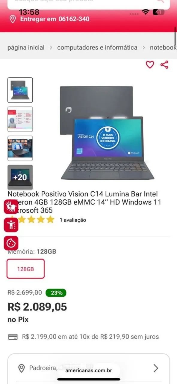 Notebook Positivo 4gb ram 128gb ssd