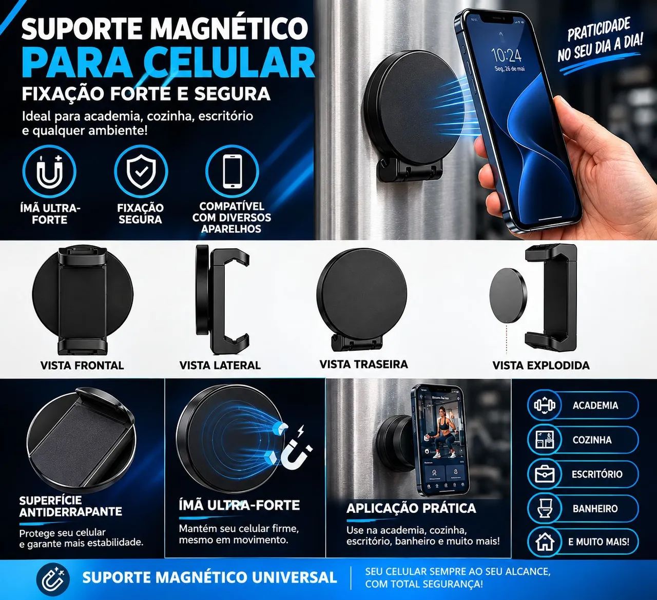 Suporte Magnético Universal para Celular - Fixação Forte e Segura