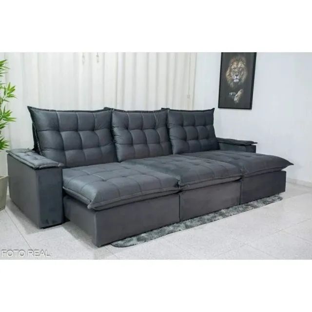 Sofá Retrátil Reclinável As 3.20m Veludo Cinza 814 D33 e Molas Ensacadas rf55 - Foto 2