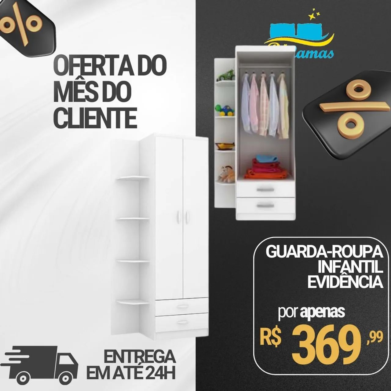 Guarda-roupa Infantil Evidencia / 3 cores / pague na entrega