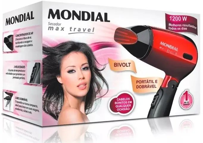 Secador de Cabelo Mondial Max Travel 1200W Vermelho-Preto Bivolt Novo com Garantia