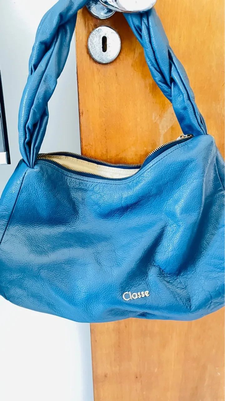 Bolsa Classe couro Azul em Couro com Alça Trançada