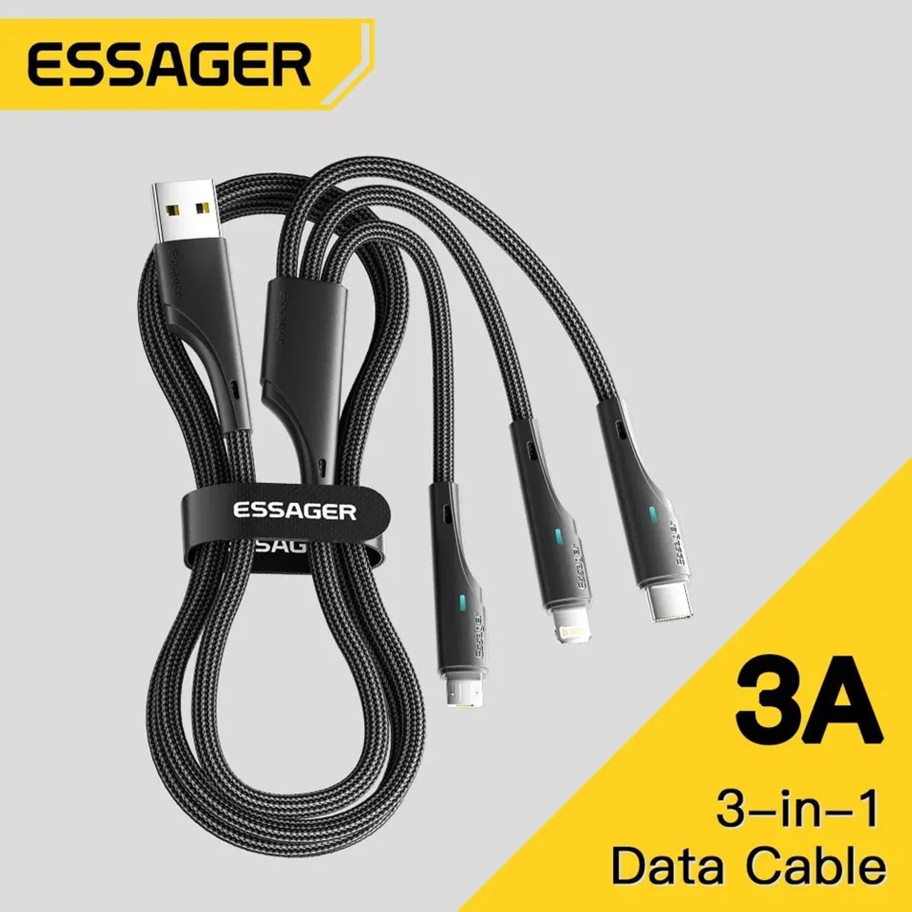 Cabo de Carregamento ESSAGER 3 in 1 - 3A (Micro USB, USB Tipo C e Ligthning) 
