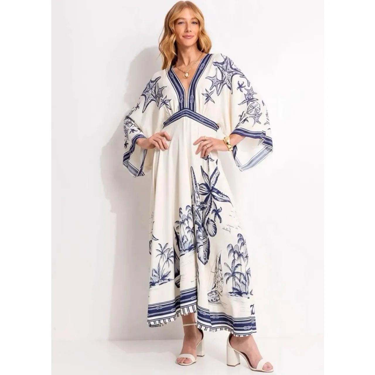 Vestido Midi Mar de Ondas Bege - Foto 4