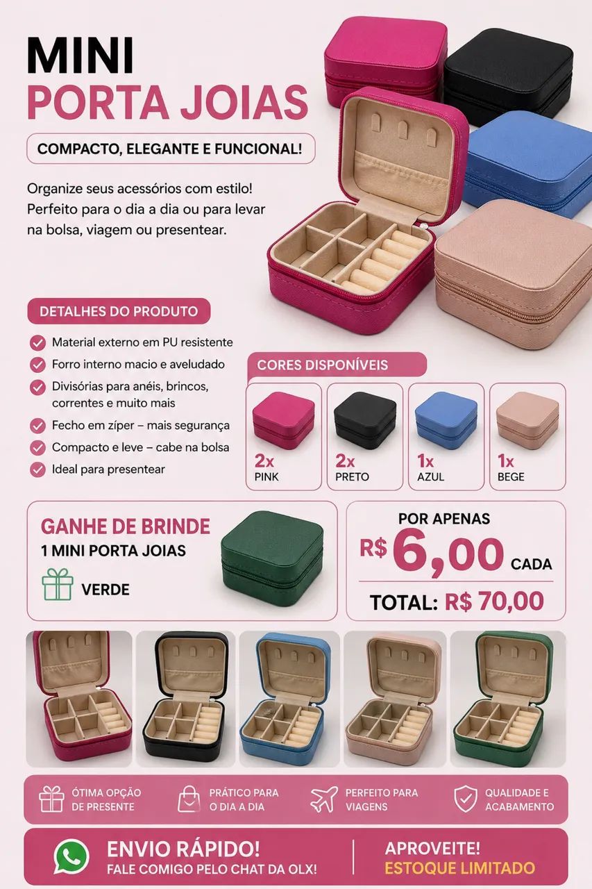 Mini Porta Joias Organizador com Zíper - Kit com 6 Unidades + 1 de