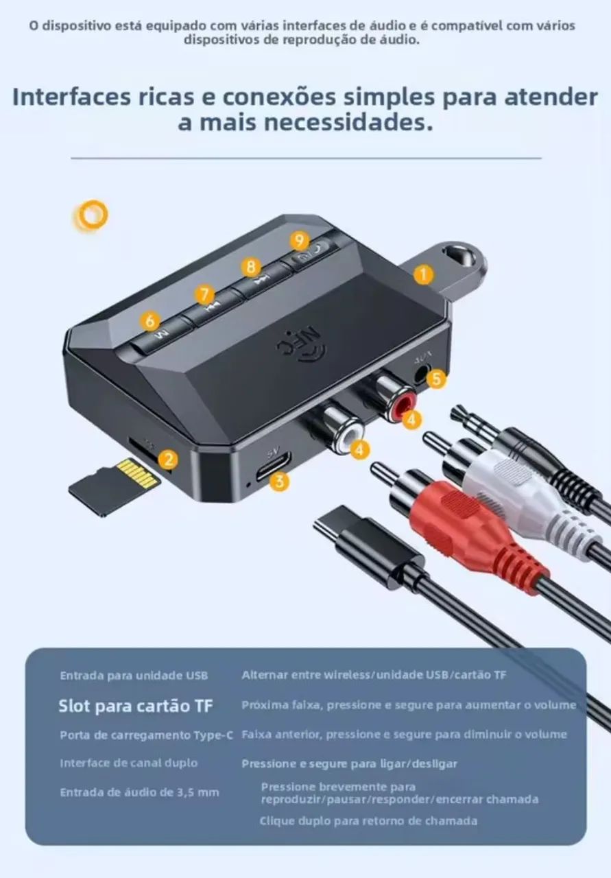 Receptor de áudio e bluetooth com NFC, USB, Leitor de Cartão  - Foto 2