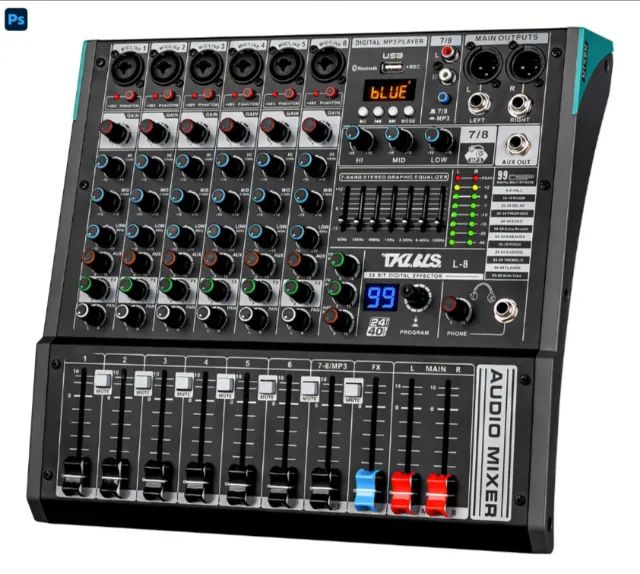 Mesa de Som Profissional L-8 8 Canais, Bluetooth, USB para PC, 48V Phantom e 99 Efeitos T
