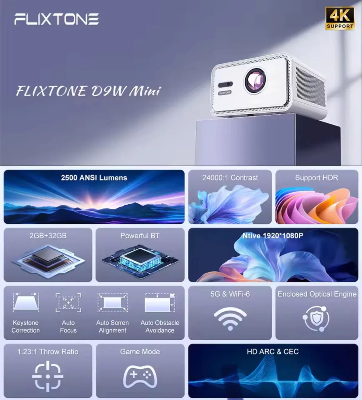 VENDO PROJETOR Flixtone D9W Mini 2500 ANSI Full HD 1080P Projetor 4K - Foto 3