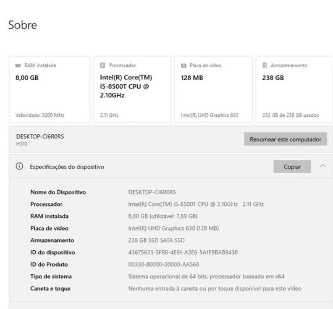 CPU I5 8GERACAO 