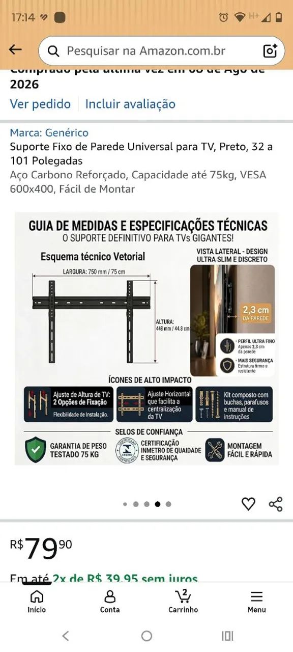 Suporte para tv fixo em aço carbono fixo universal para 32 a 101 polegadas - Foto 4