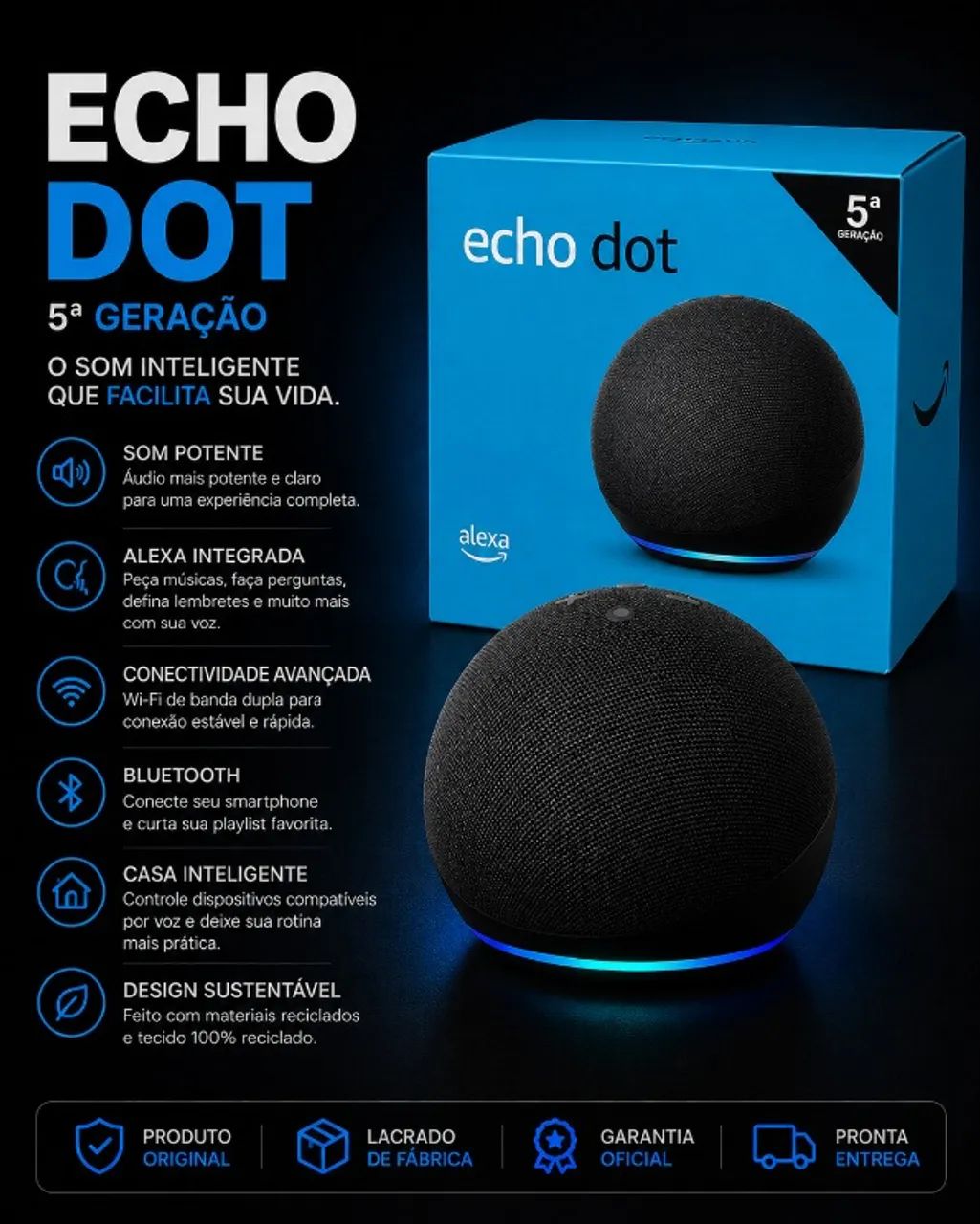 Amazon Echo Dot 5ª Geração Para Casa Inteligente e Automação