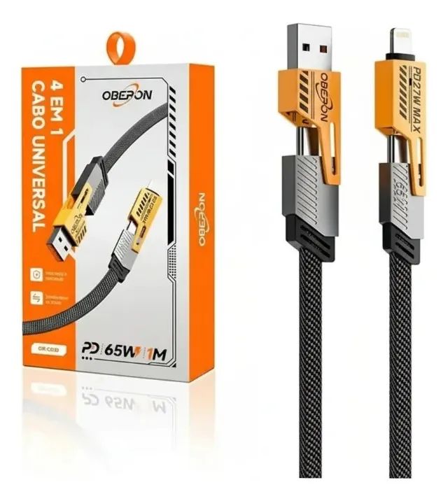 Cabo Universal 4 em 1 Oberon 65W PD | USB, USB-C e Lightning | 1 Metro