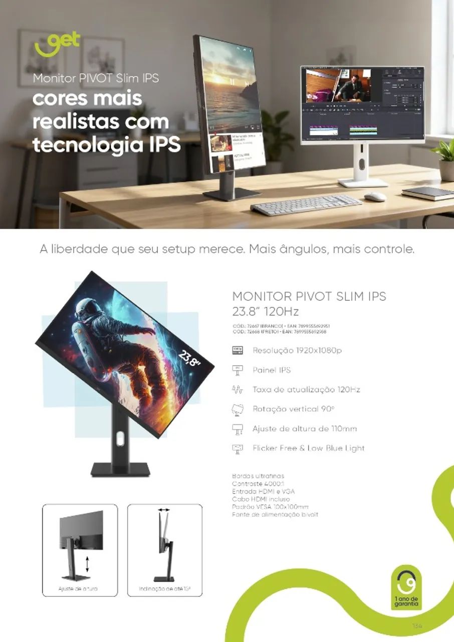 Monitor Pivot IPS 23.8" Full HD 120Hz GIRA 90graus Branco - Foto 3