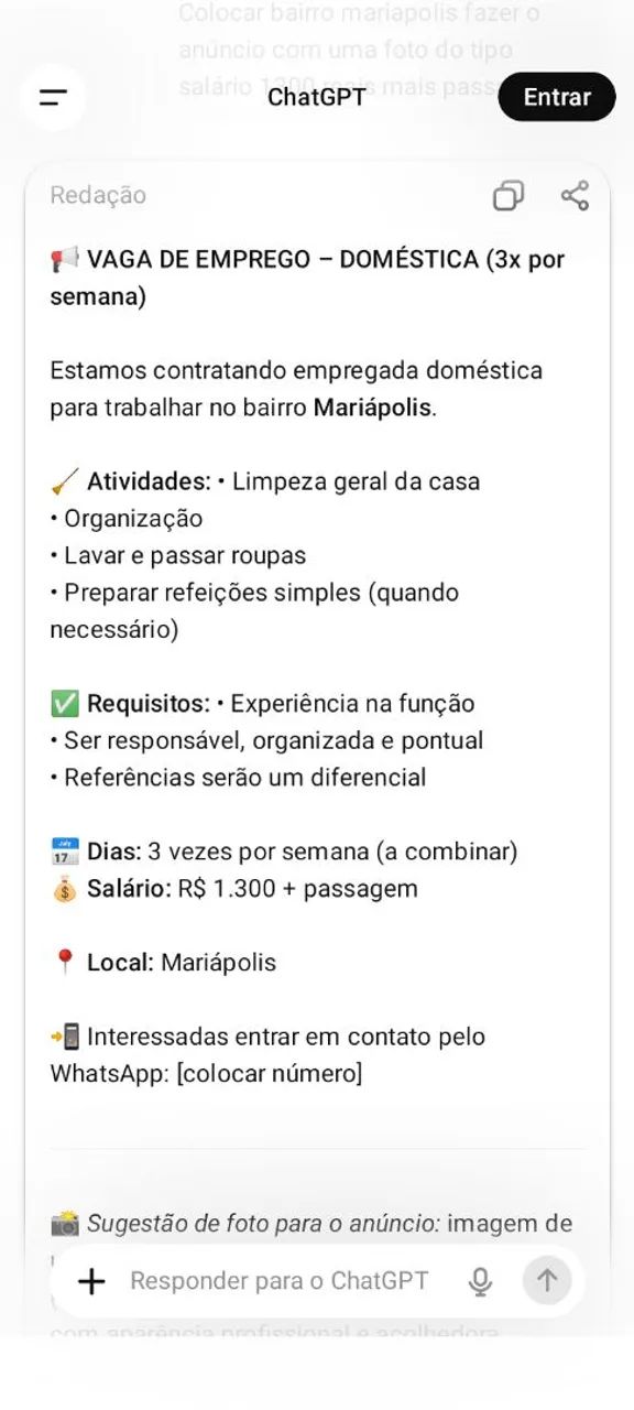 Preciso de moça para trabalhos domesticos